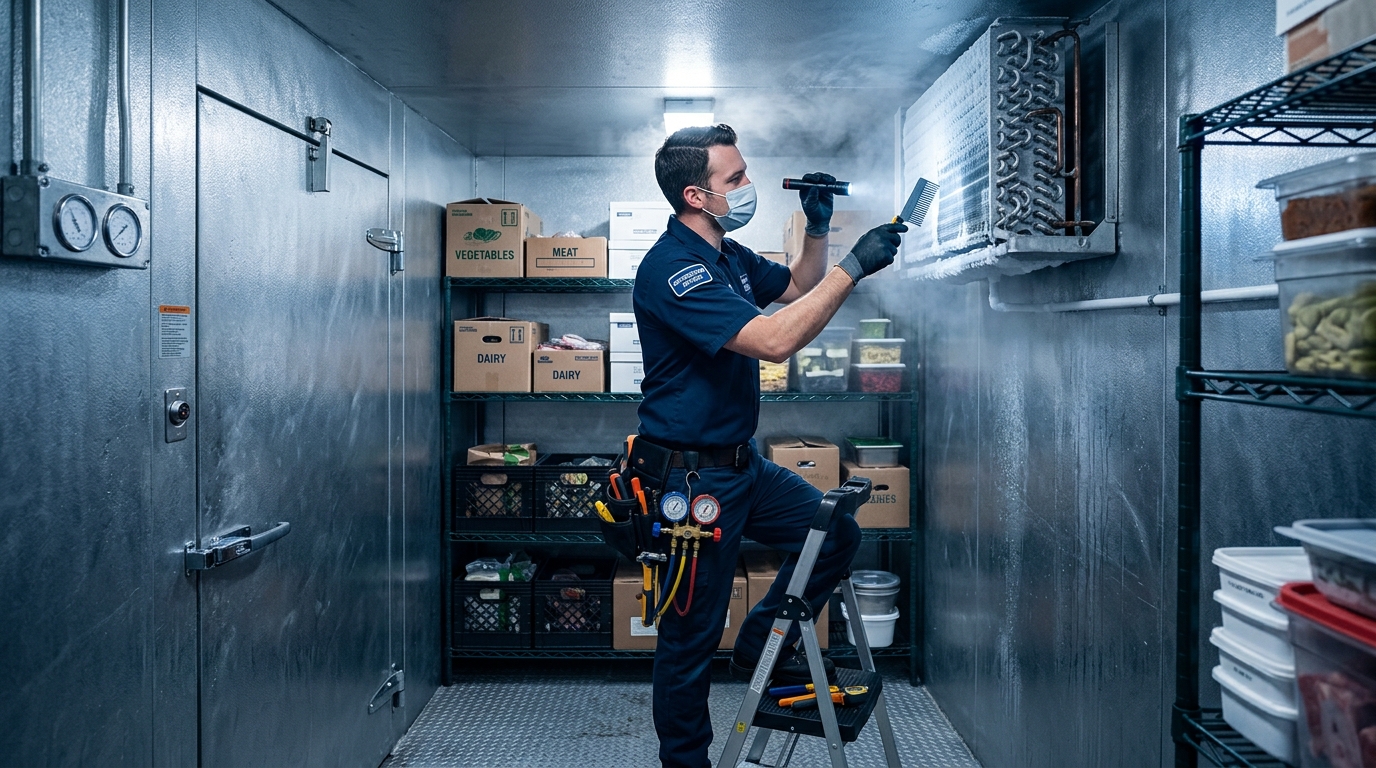 Technician repairing a commercial walk-in refrigeration unit
